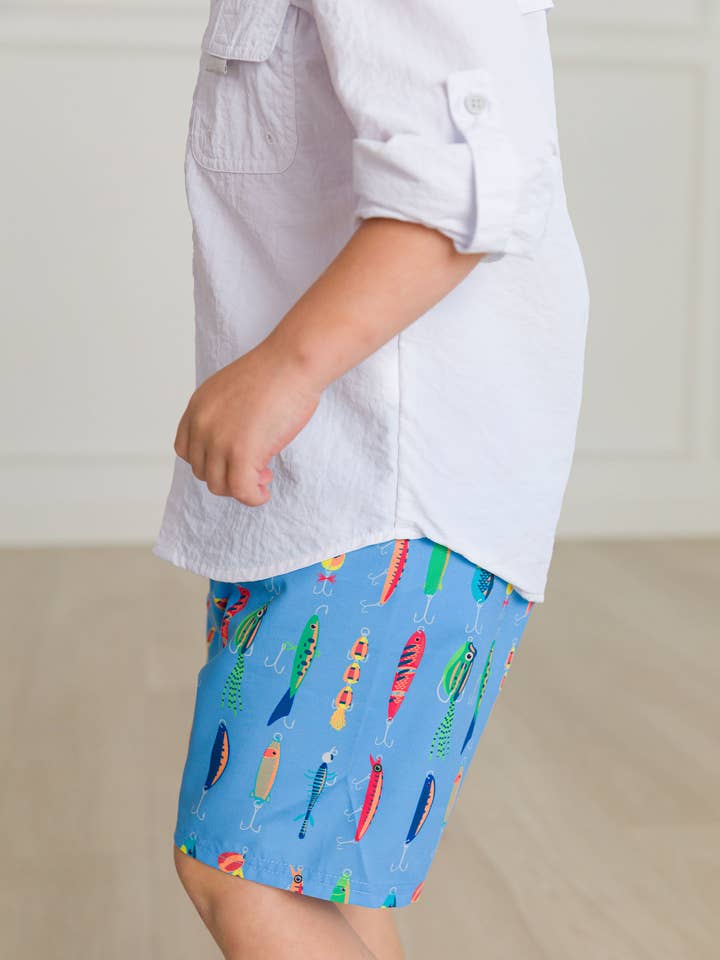 Blue Boys Gone Fishin Swim Trunks for wholesale on Faire