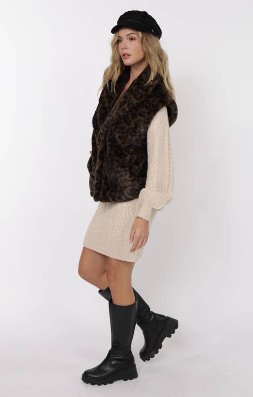 Sage The Label - Vente Pull sans manches – femme - Gilet surdimensionné en fausse fourrure léopard Waverly : MARRON NOIR12