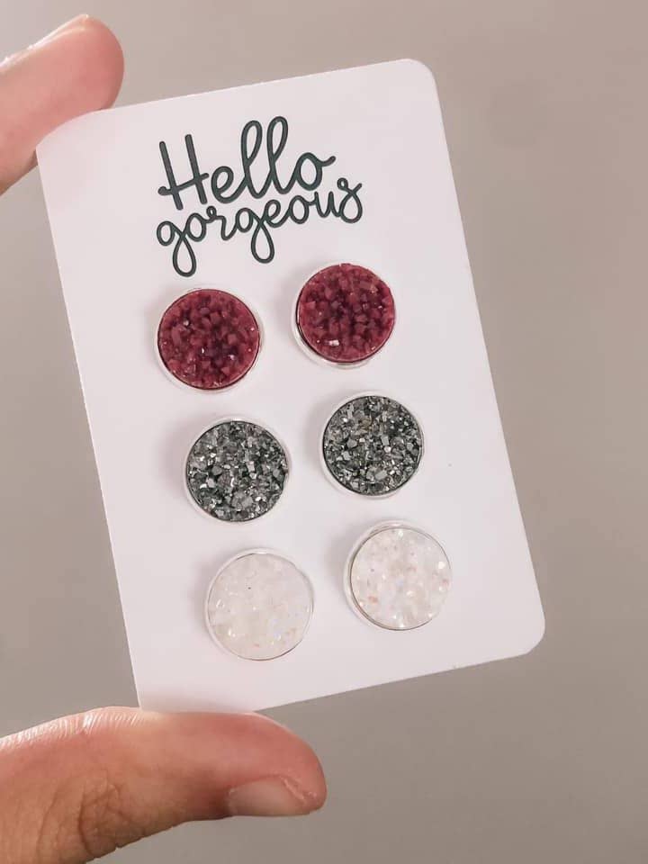Gunmetal, Red & White Druzy Studs Earring Trio Set for wholesale by threefourteen