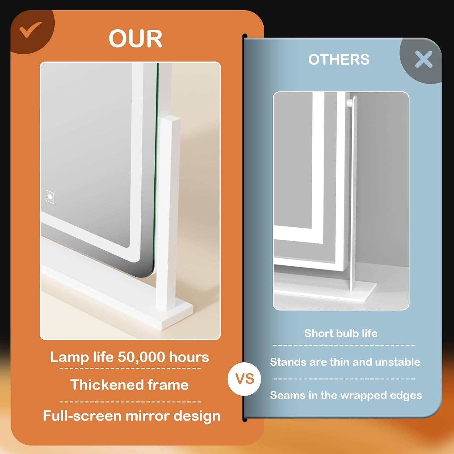 Gold Lighted Makeup Mirror With LED Three Color Lighting Modes for wholesale on Faire2