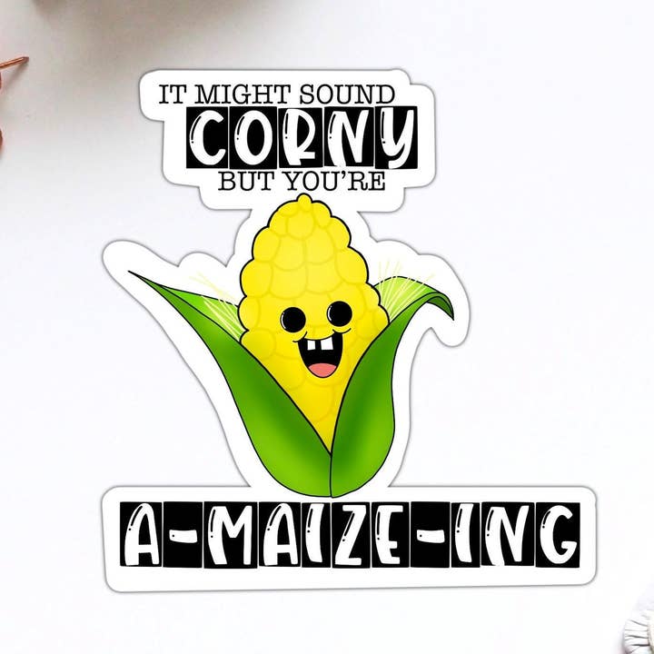 Pegatina de vinilo Corny Corny on the Cob Pun para venta al por mayor de Stick With It Sticker Co