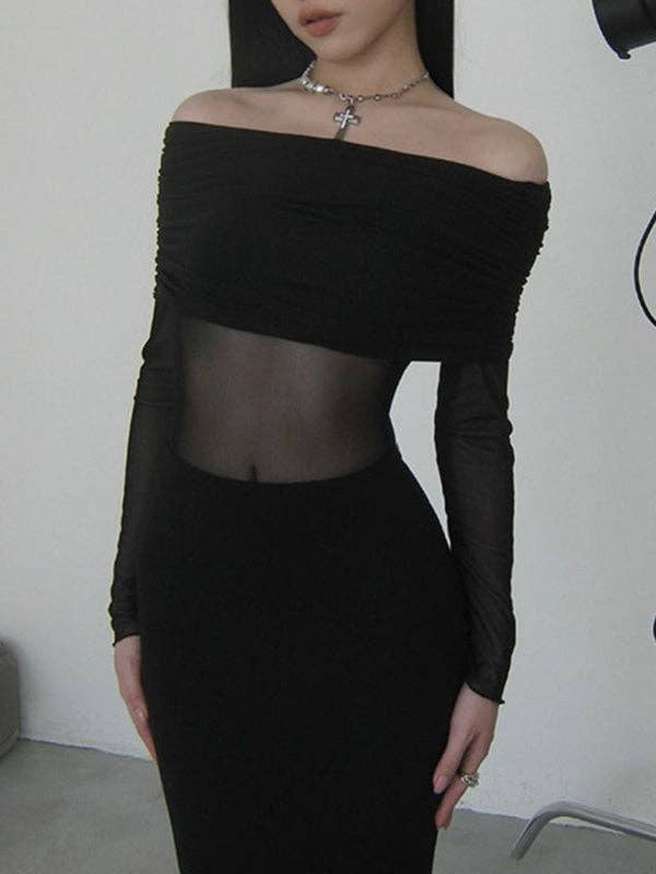 BLACK Long Sleeves Skinny Pleated See-Through Solid Color Split-Joint Off-The-Shoulder Evening Dresses Maxi Dresses for wholesale on Faire2