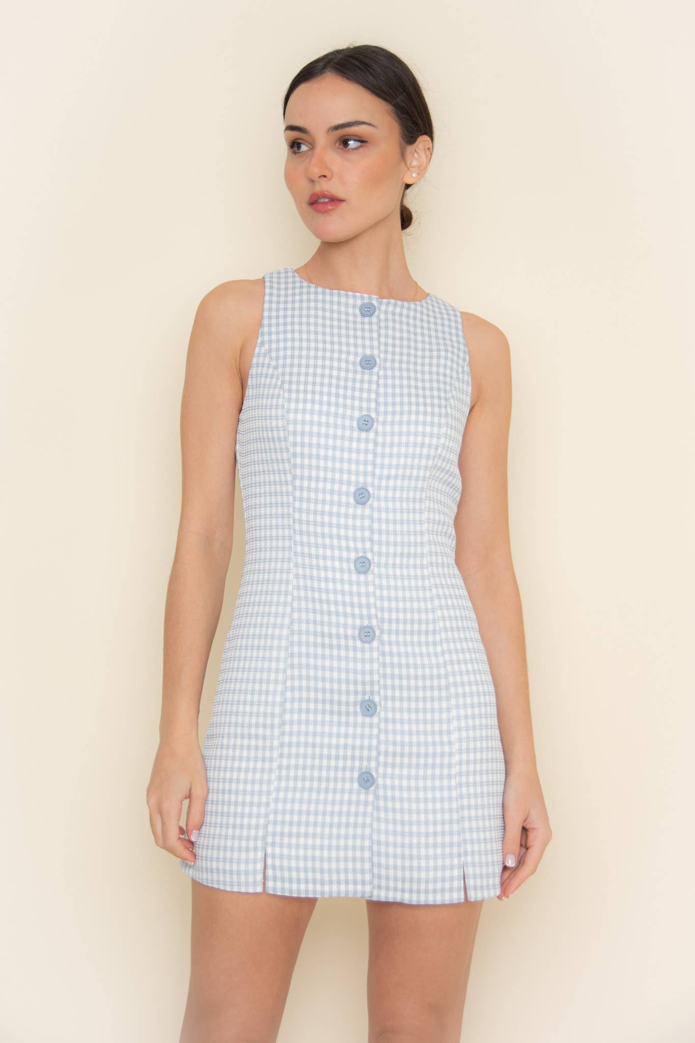 Fore Collection - Wholesale Dress - Women's - GINGHAM CHECKER BUTTON CLOSURE TANK MINI DRESS-DI9935FO24
