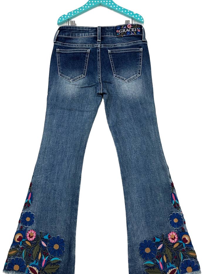 Grace in LA - Wholesale Jeans - Kids - Floral Colorful Embroidery Boho Girl Flare | GL-61818
