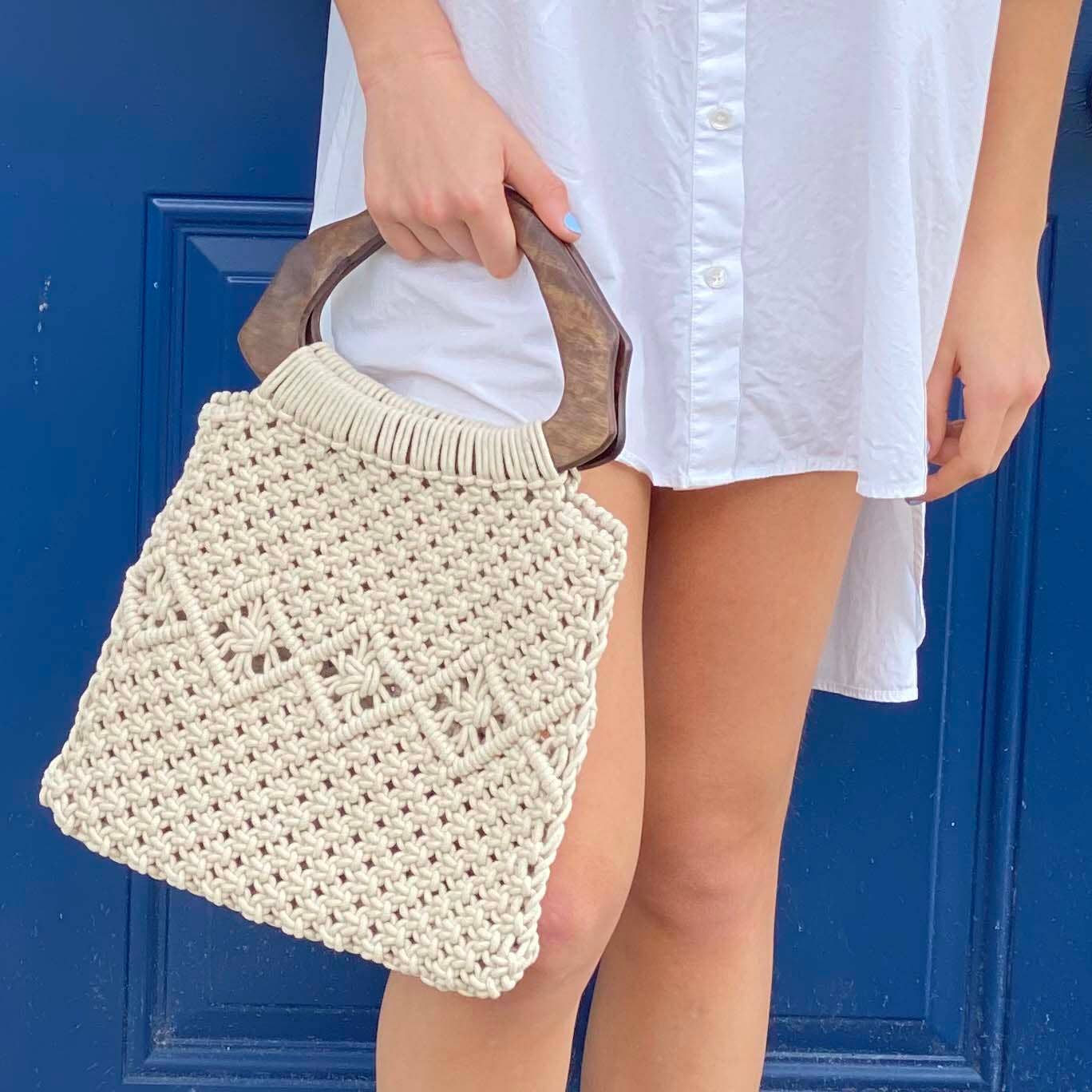 Global Crafts - Wholesale Tote Bag - Women's - Macramé Bag with Arched Wooden Handle, Unlined Interior1