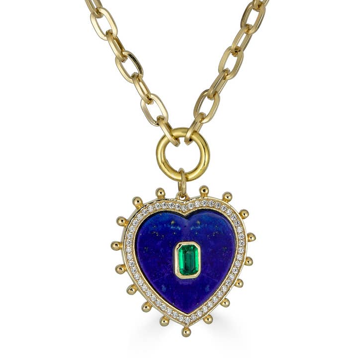 Blue Lapis and Emerald Zirconia Heart Necklace for wholesale by Rachel Reinhardt