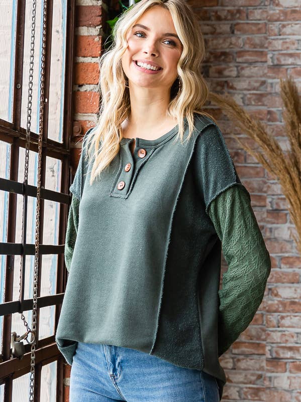 Katoenmix Kant Contrast Knoopsluiting Lange Mouwen TopT5253 voor wholesale door 7th Ray