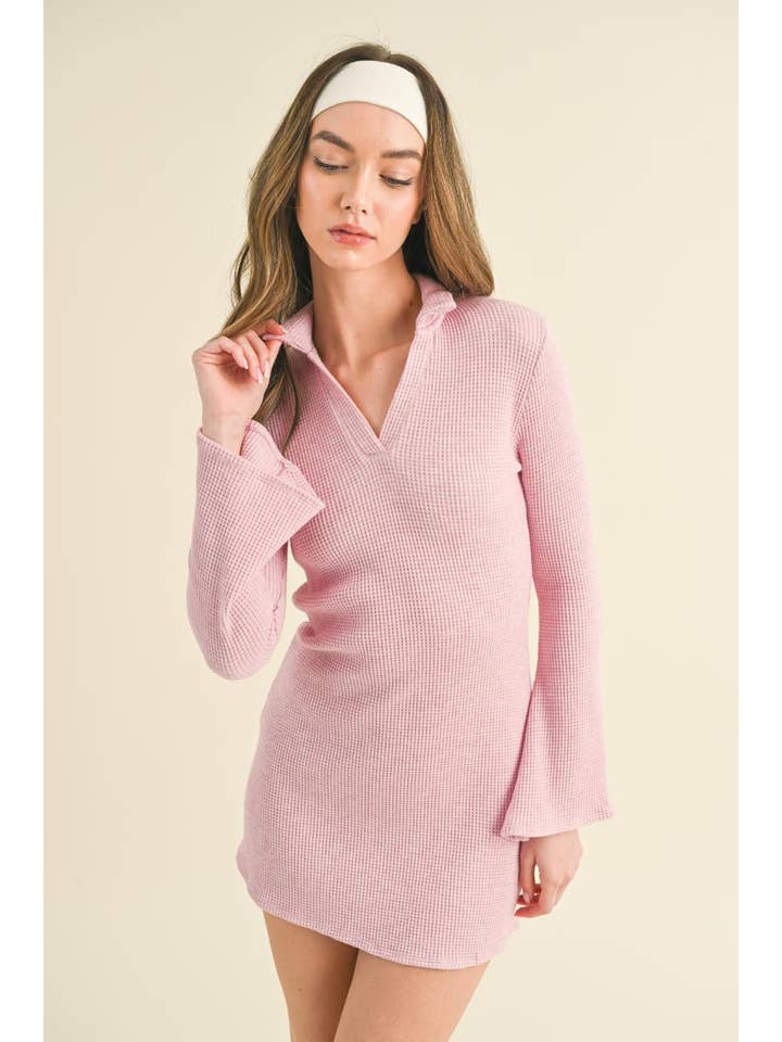 KIMBERLY C - Wholesale Dress - Women's - Waffle Knit Collared Bell Sleeve Dress