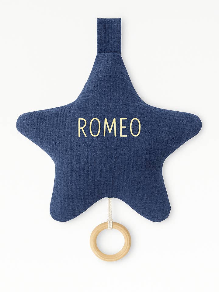 Personalisierbare Stern-Spieluhr für Babys aus blauer Baumwollgaze für den Großhandel von MAZZANNE