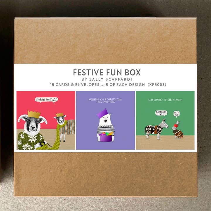 Festive Fun Box - Mixed Box of 15 Christmas Cards for wholesale by Sally Scaffardi Design