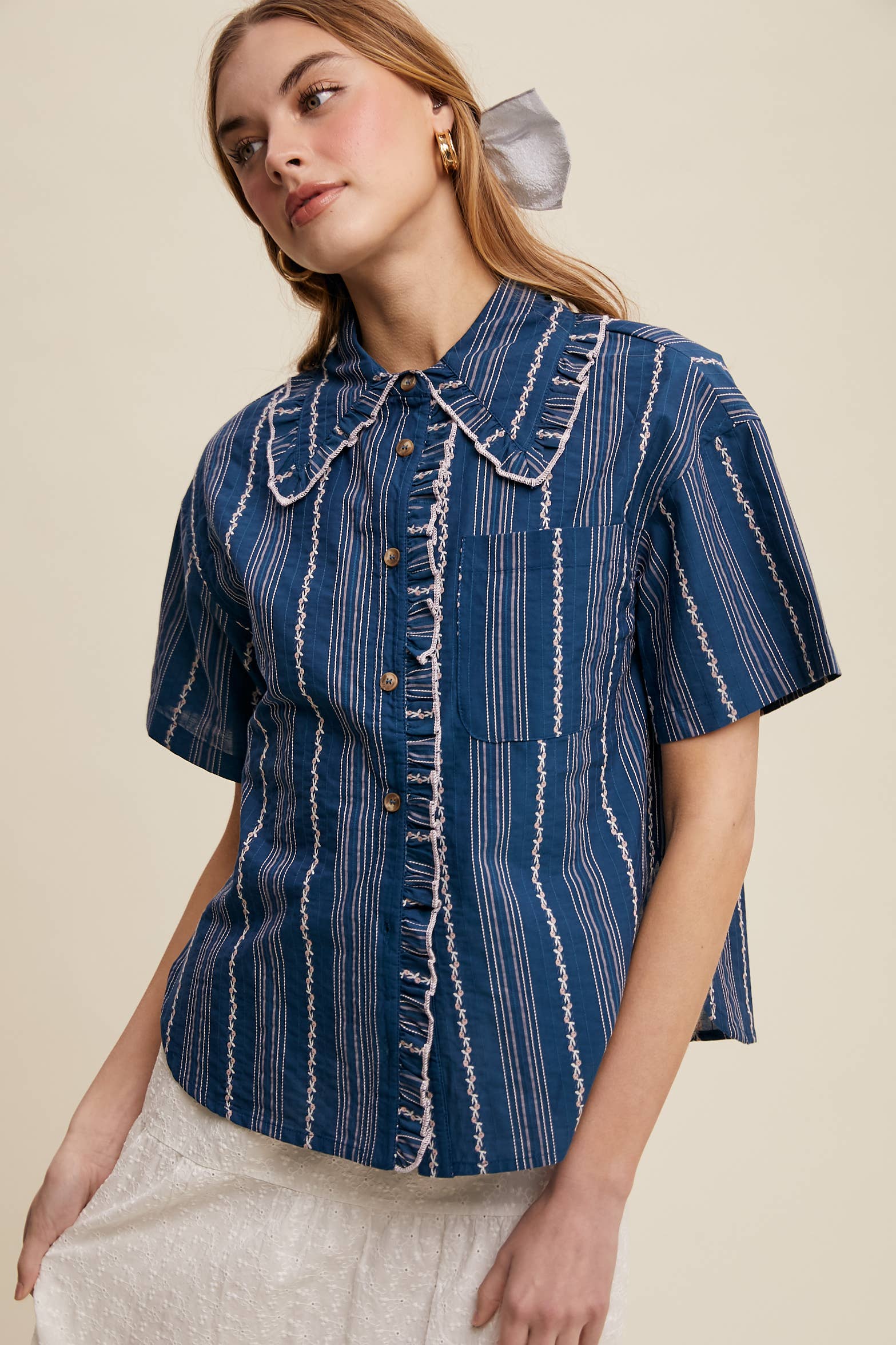 Listicle - Wholesale Button Down Shirt - Women's - Striped Embroidered Button-Down Blouse27