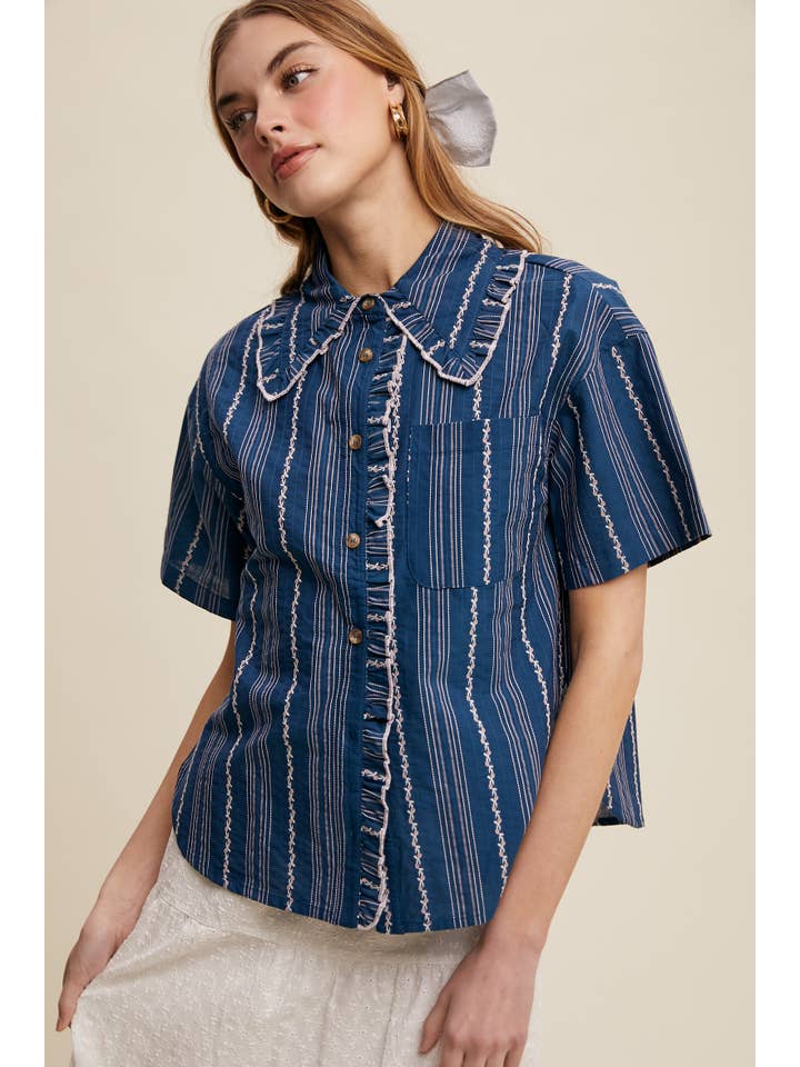 Listicle - Wholesale Button Down Shirt - Women's - Striped Embroidered Button-Down Blouse27