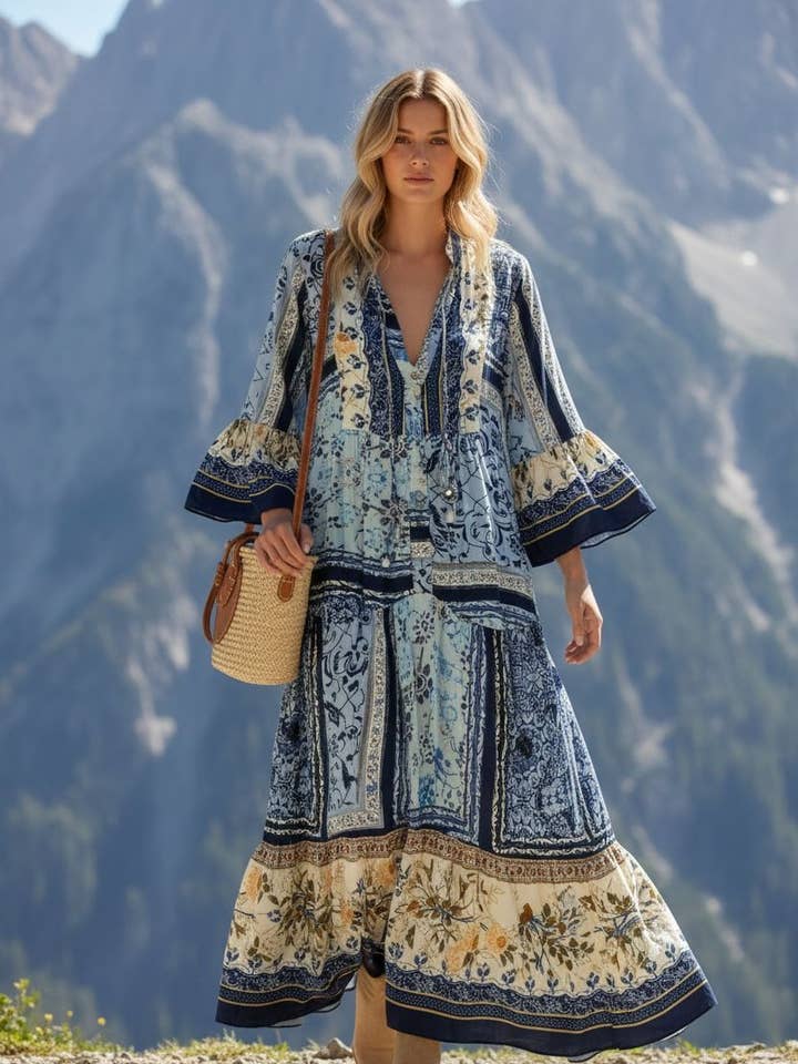 Abito lungo stampato in viscosa 10681V-7899 per la vendita all'ingrosso da parte di NOELINE