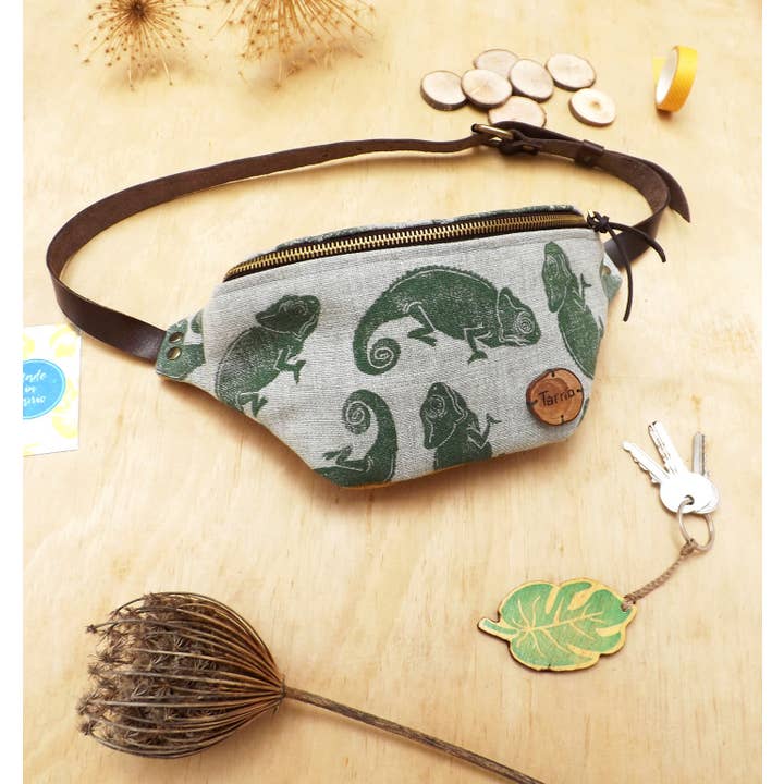 Made in Tarrío - Vente Sac ceinture – femme - Banane "Caméléon". Tissu d'ameublement et cuir naturel7