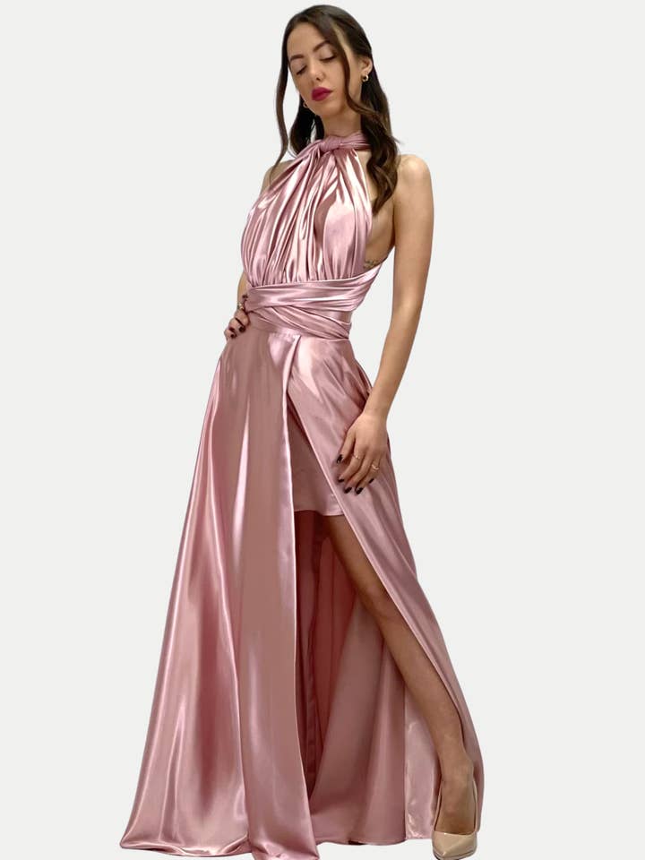 Robe en satin effet soie à encolure plongeante pour la vente par Joana