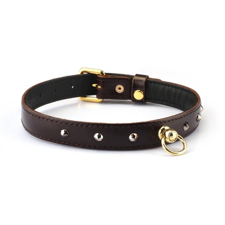 Gargantilla de cuero marrón de lujo con juntas tóricas con remaches marrones para venta al por mayor de Liebe Seele