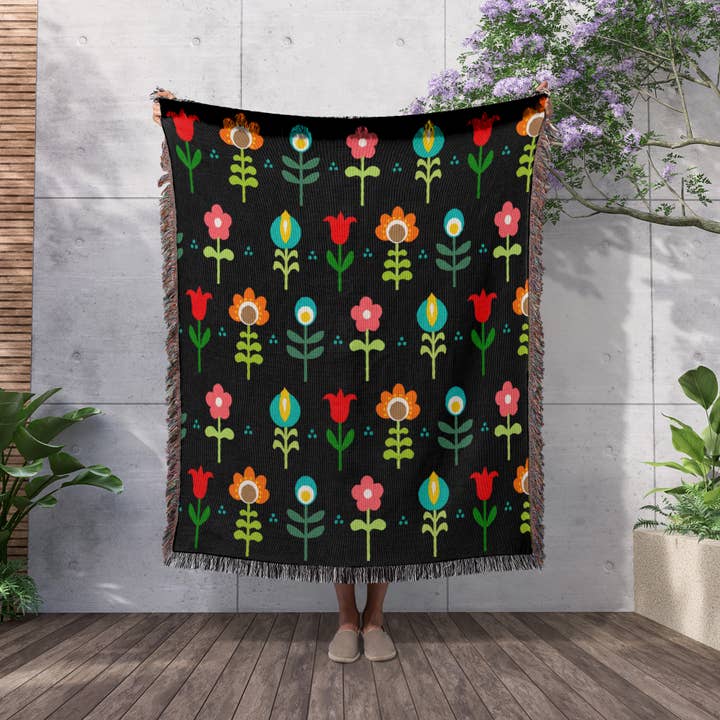 3dRose - Wholesale Throw Blanket - 3dRose, Retro floral pattern - Scandinavian colorful flowers on modern black - Swedish traditional flower, Blanket2
