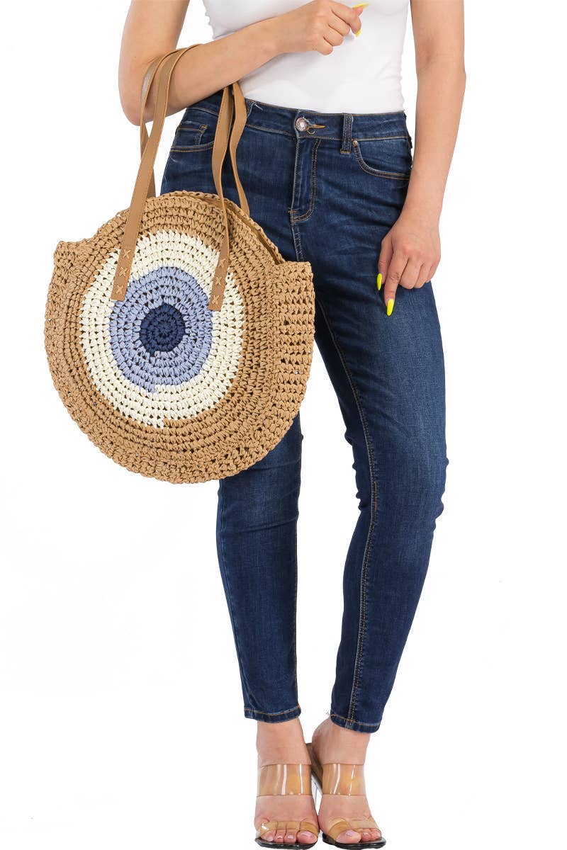 Cap Zone - Wholesale Beach Bag - Boho Evil Eye Rattan Wicker Round Beach Tote Bag4