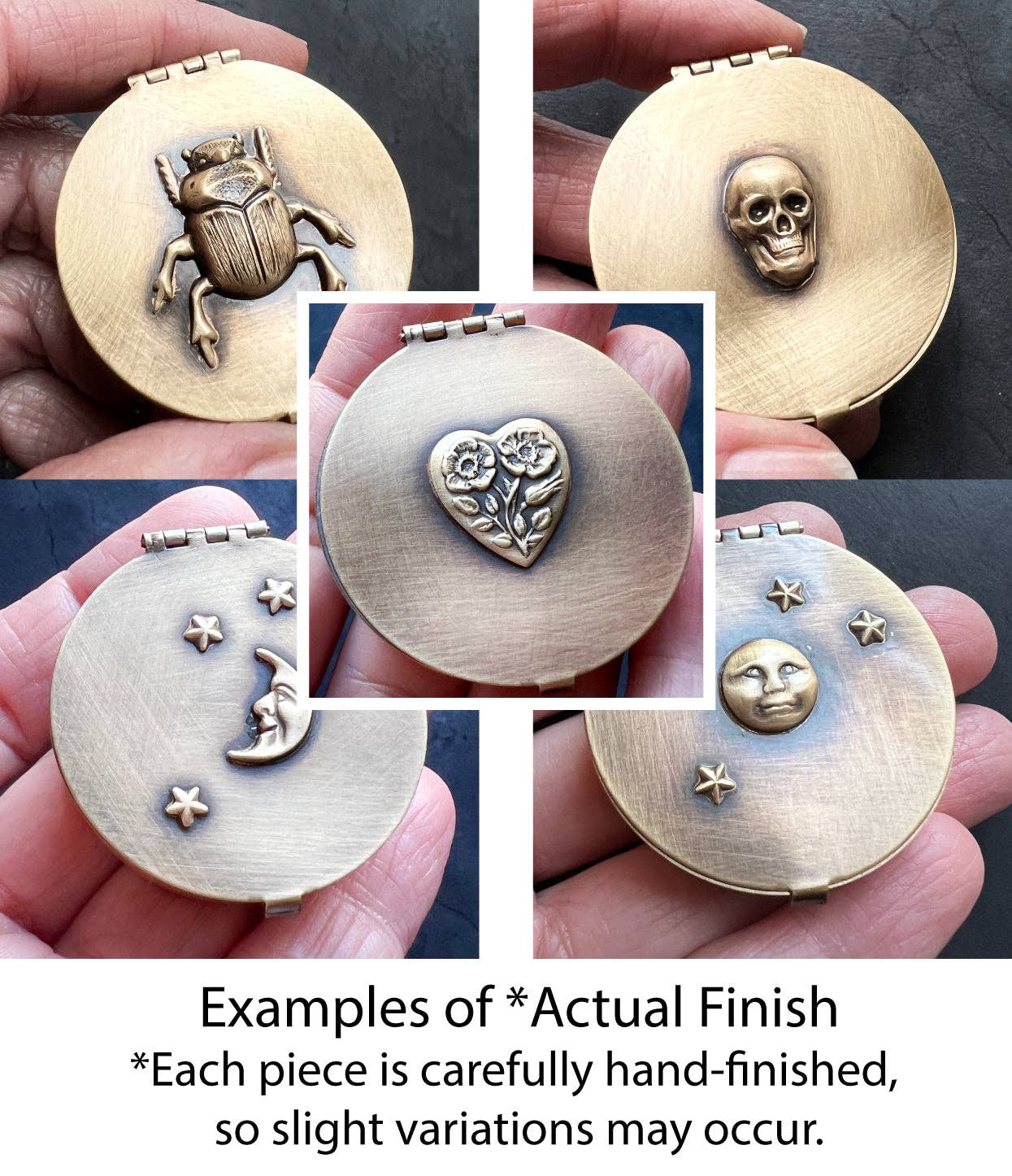 Metal Cloth & Wood – Engroshandel Pynteæske – Tilpasningsbar lille rund 1,6" messingæske til piller eller småting med dit valg af kranium, dyr, insekt eller måne & stjerner på låget!2