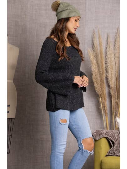 CHARCOAL BELL SLEEVE RIB KNIT STITCH SWEATER M9032 for wholesale on Faire2