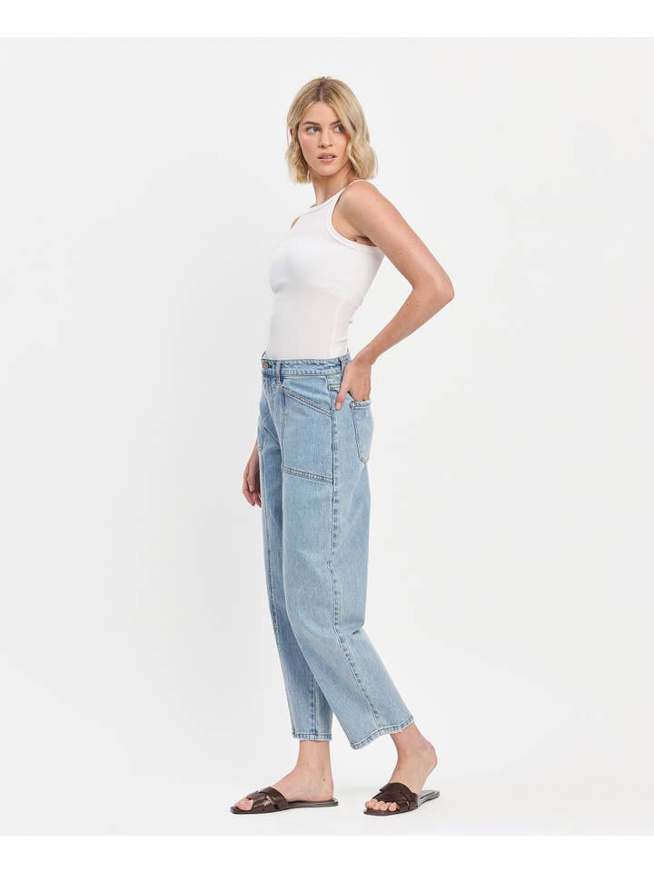 DEXTEROUSLY SUPER HIGH RISE PANEL DETAIL BARREL JEANS T6610 for wholesale on Faire