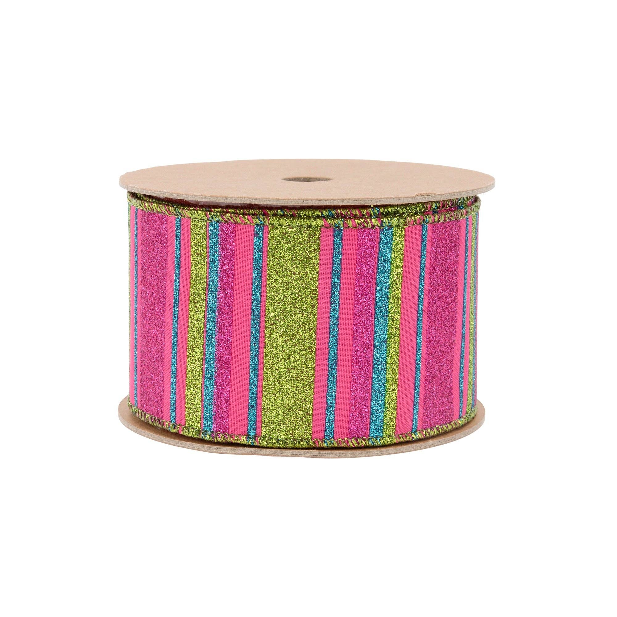 LA Ribbons Wholesale - Vente Ruban – emballage cadeau - Ruban câblé 2 1/2" | Rayures multicolores sur fond rose vif | Rouleau de 10 yards4