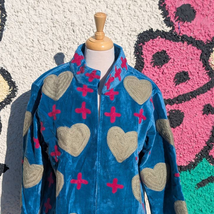 Blue Velvet Suzani Kimono Embroidered Heart Boho Jacket for wholesale by Twinflower