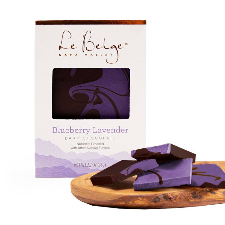 Color Splash | Blueberry Lavender Dark Chocolate 2.7 oz Bar for wholesale by Le Belge Chocolatier, Inc