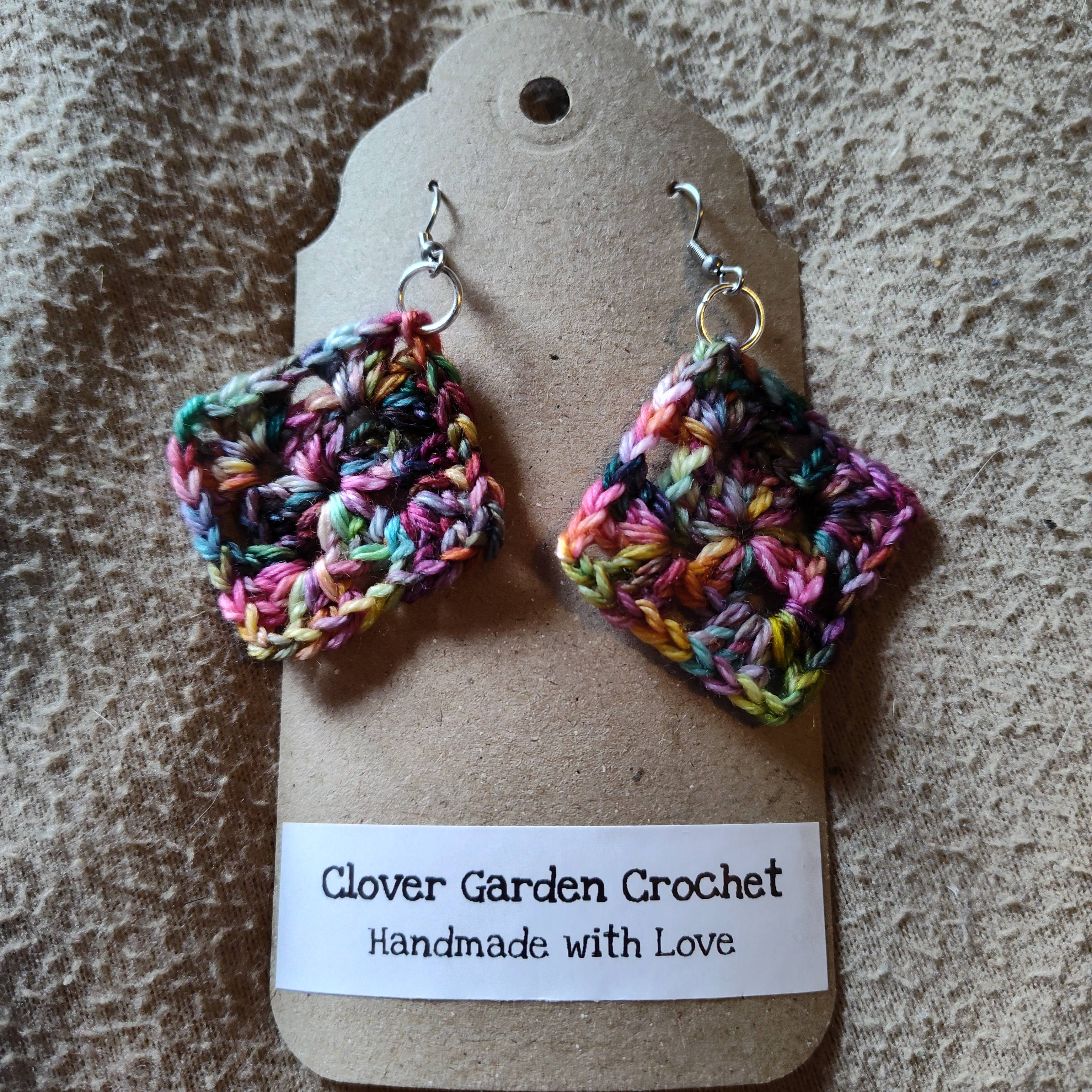 Clover Garden Crafts - Wholesale Dangle Earrings - Crochet Merino Wool Rainbow Boho Granny Square Drop Earrings4