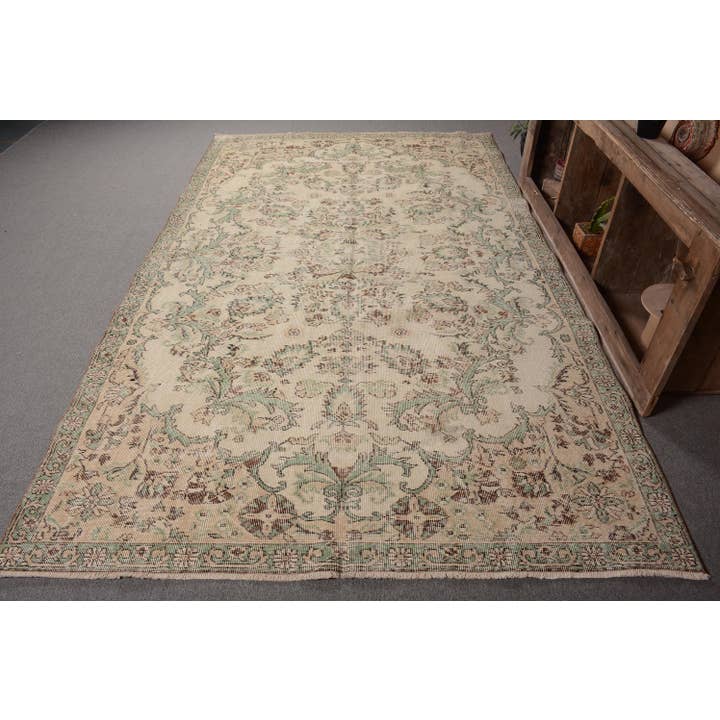 Distressed Oriental Wool Rug - Handwoven Beige & Green for wholesale by The Loom Wholesale