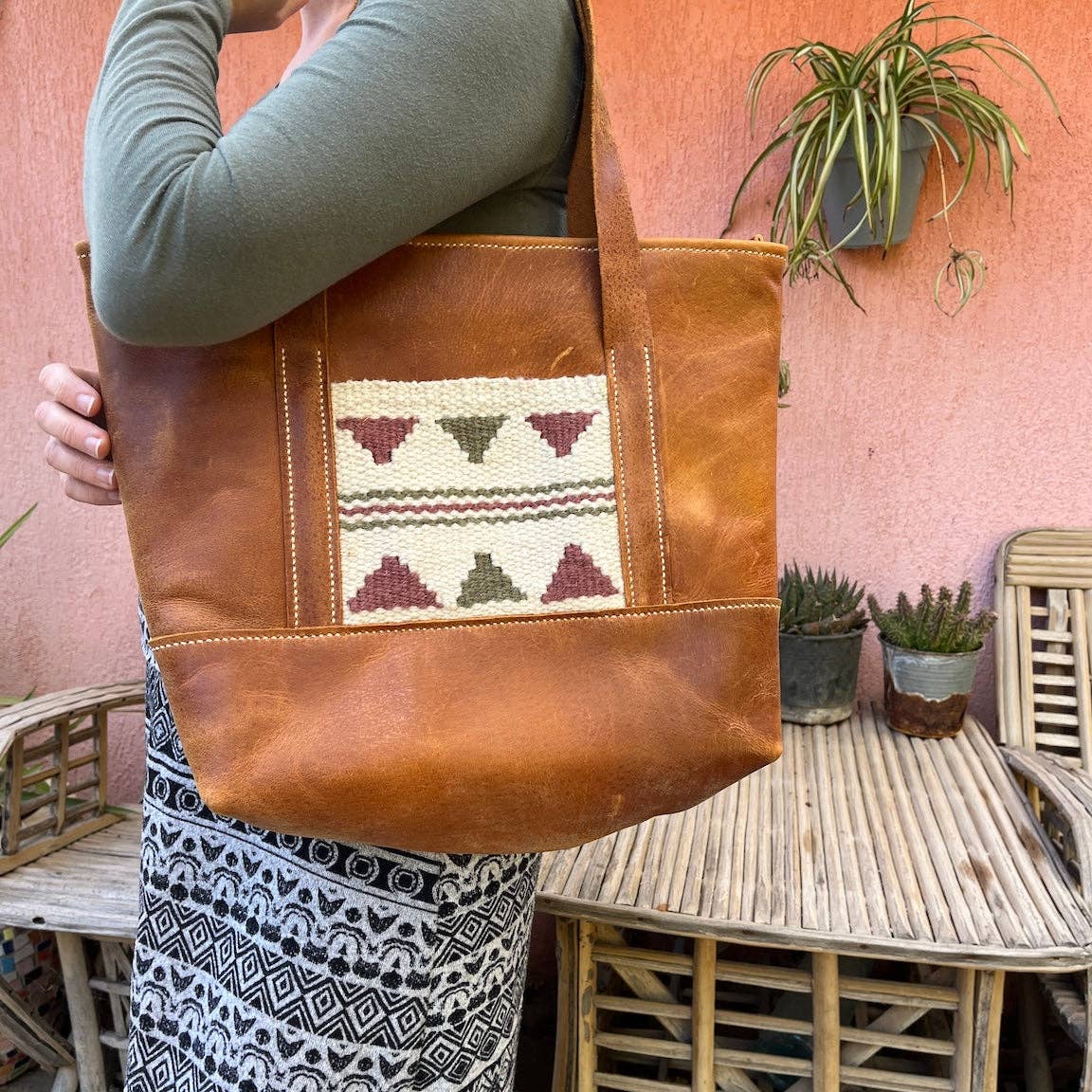 Woven With Hope - Wholesale Tote Bag - Women's - Chestnut Leather Tote with Pocket - Nourished Collection1