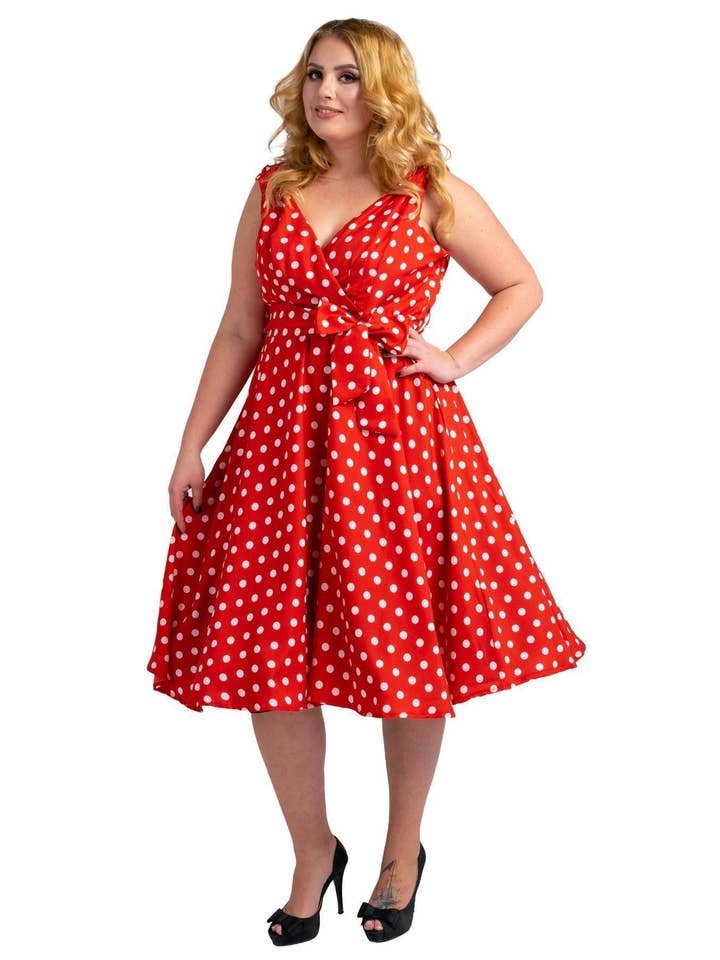 Kvinders Polkaprikkede 40'er 50'er Vintage Kjoler Rød, 5 Størrelser for engroshandel hos Miss Lavish London