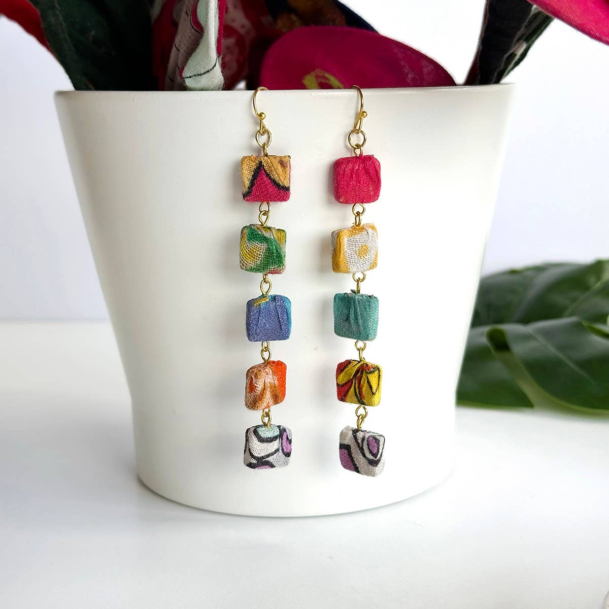 WorldFinds - Wholesale Dangle Earrings - Kantha Fluid Square Quintet Earrings2