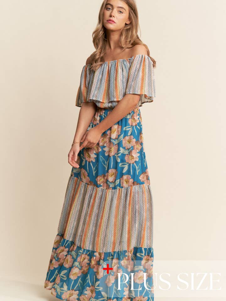 Spring Boho Floral Pattern Tiered Dress 1X-3X for wholesale on Faire