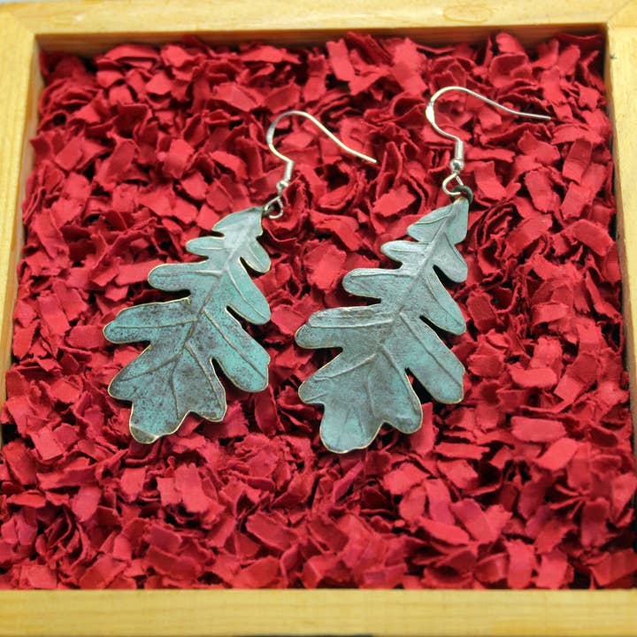 Plataica - Wholesale Dangle Earrings - Oak leaf earrings in brass and 925 silver with green patina4