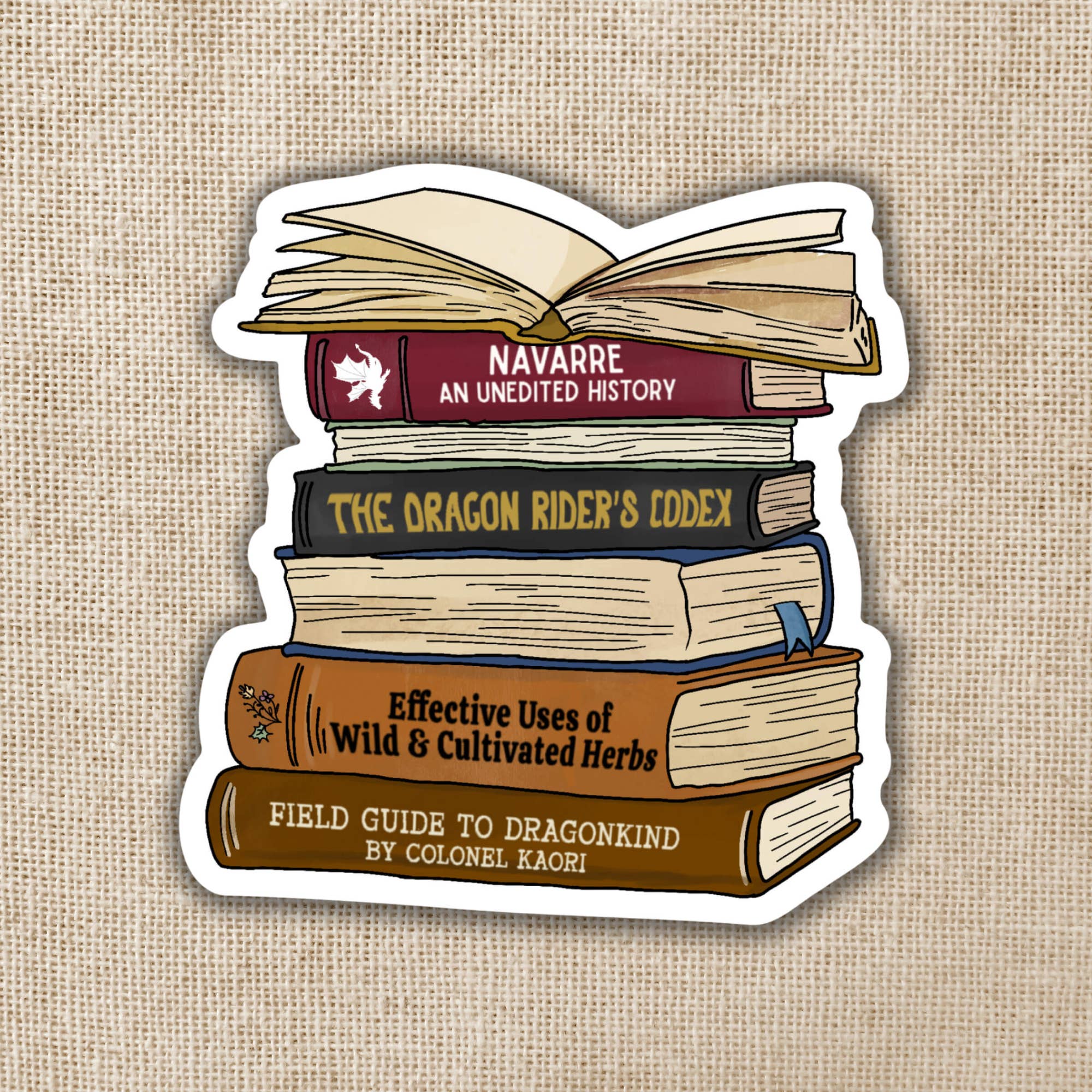 Kingdom of Threads - Wholesale Sticker - Stack of Navarre Library Scribe Books Sticker | Fourth Wing