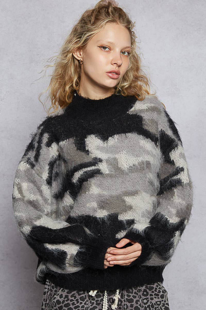 Pol Clothing - Wholesale Knit Sweater - Women's - Long sleeve abstract Color block mohair sweater top SALE4