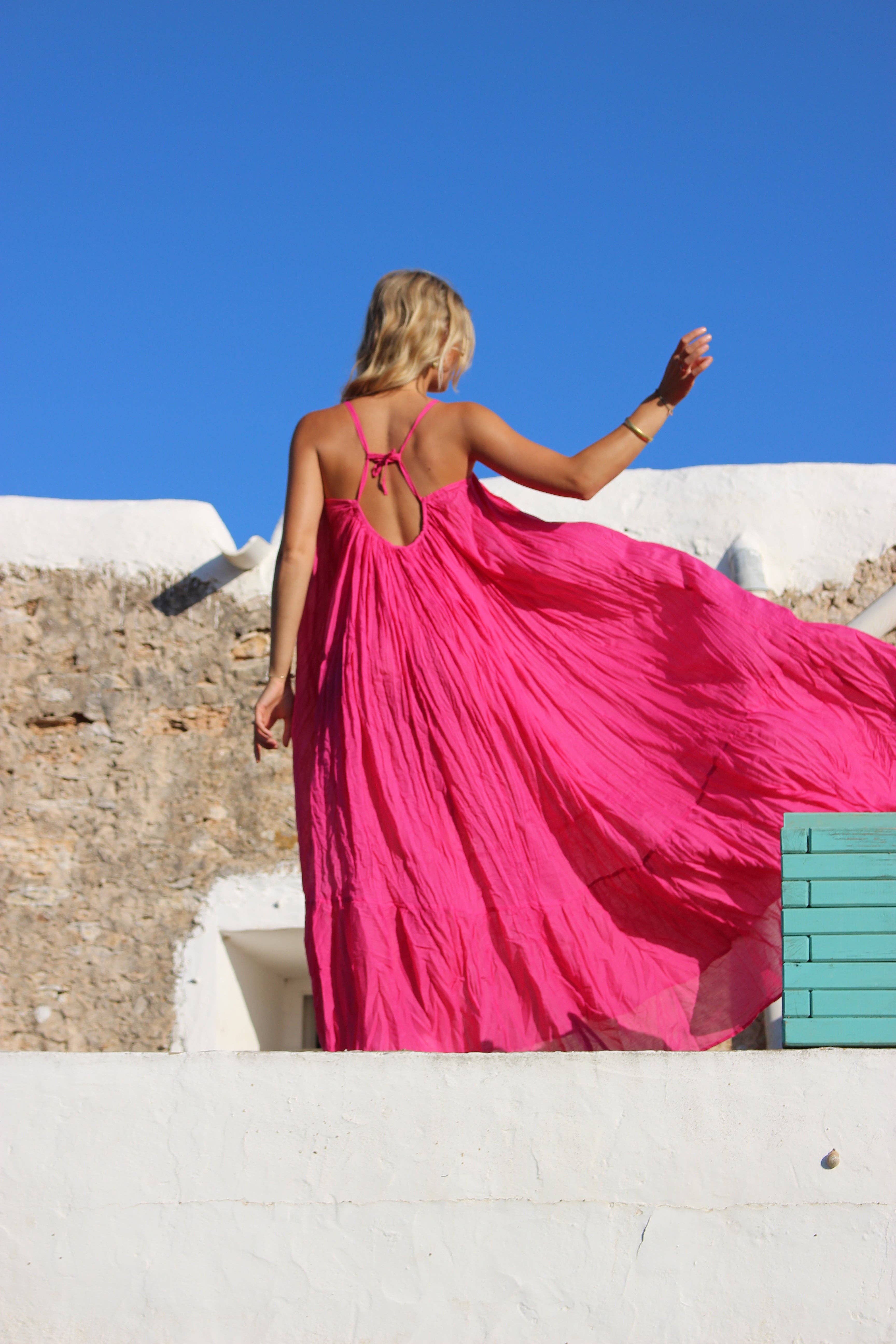 Apsara /  Hot pink  Ibiza bohemian maxi long super soft dress , white summer maxi  organic muslin cotton dream for wholesale on Faire2