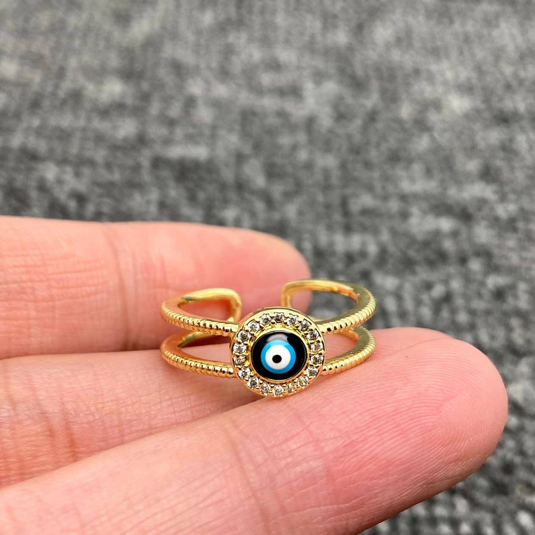 Mio Queena - Wholesale Cocktail/Statement Ring - Enamel Rhinestone Turkey Eye Evil Eye Golden Adjustable Rings1