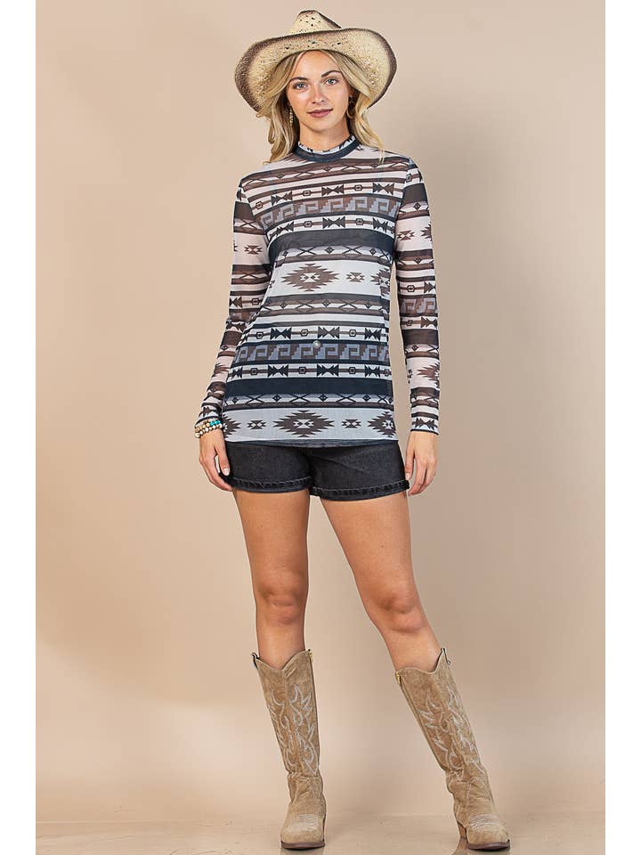 MOCHA/CHARBON DE BOIS HAUT EN MAILLE SEMI-TRANSPARENTE À IMPRIMÉ AZTÈQUE AV1230-BILLIE en vente sur Faire1