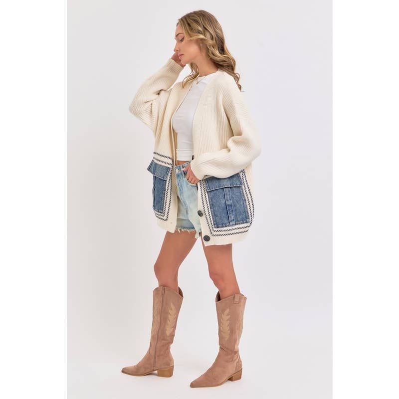 IVORY Knit Sweater Cardigan with Denim Pockets for wholesale on Faire11