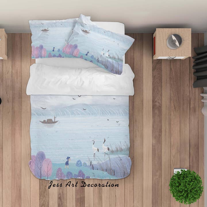 3D Crane Lake Boat Painting Quilt Cover Set Bedding Set Duvet Cover Pillowcases A475 LQH for wholesale by Jess Art Decoration