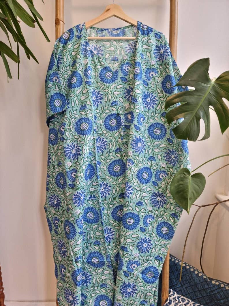 Essential Designs London – wholesale Kaftan – Women's – Pure Cotton Kaftan Kimono in Ocean Aqua Green Soft Blue4