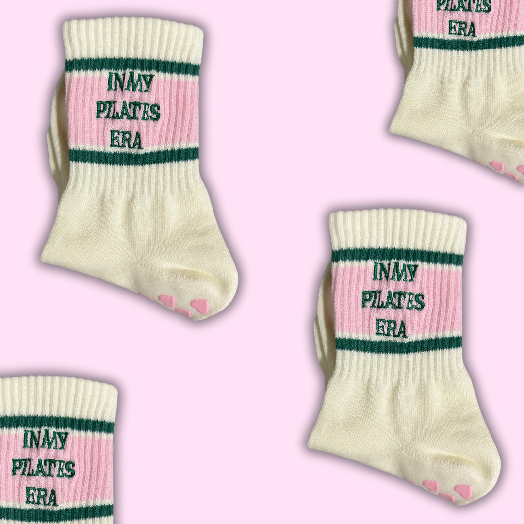 MollyGraceGripSocks - Wholesale Sock Slippers - Women's - In my Pilates era retro pink & green grip sock2