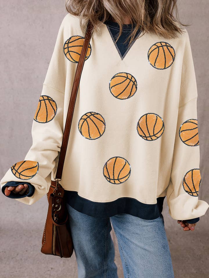 White Sequin Basketball Graphic Colorblock Edge Sweatshirt for wholesale on Faire