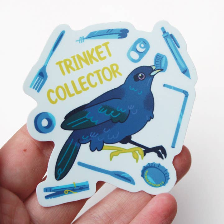 Trinket Collector Bowerbird 3” Sticker for wholesale by Microbiome Arts