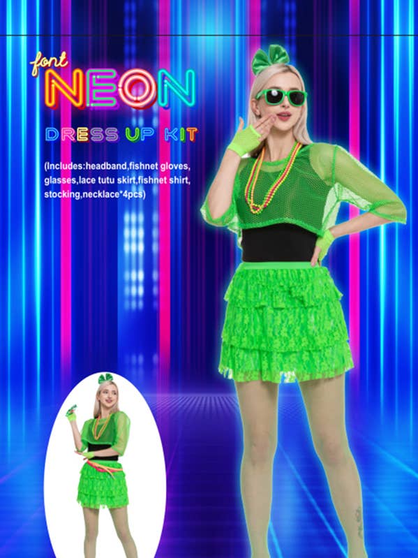 KBW Global Corp. - Wholesale Costume – Unisex - Green Neon 80s Dress Up Kit0