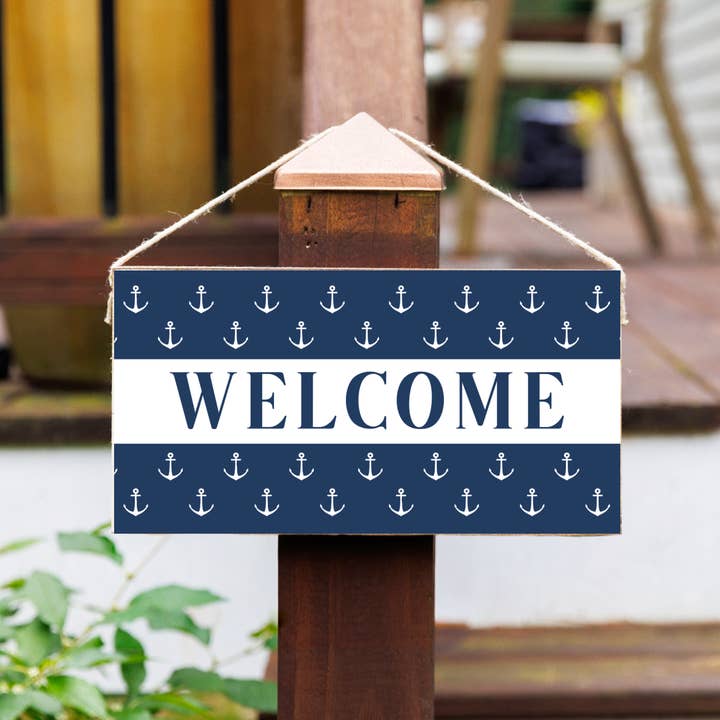 Cartello da appendere Welcome Anchor Navy Twine per la vendita all'ingrosso da parte di Rustic Marlin