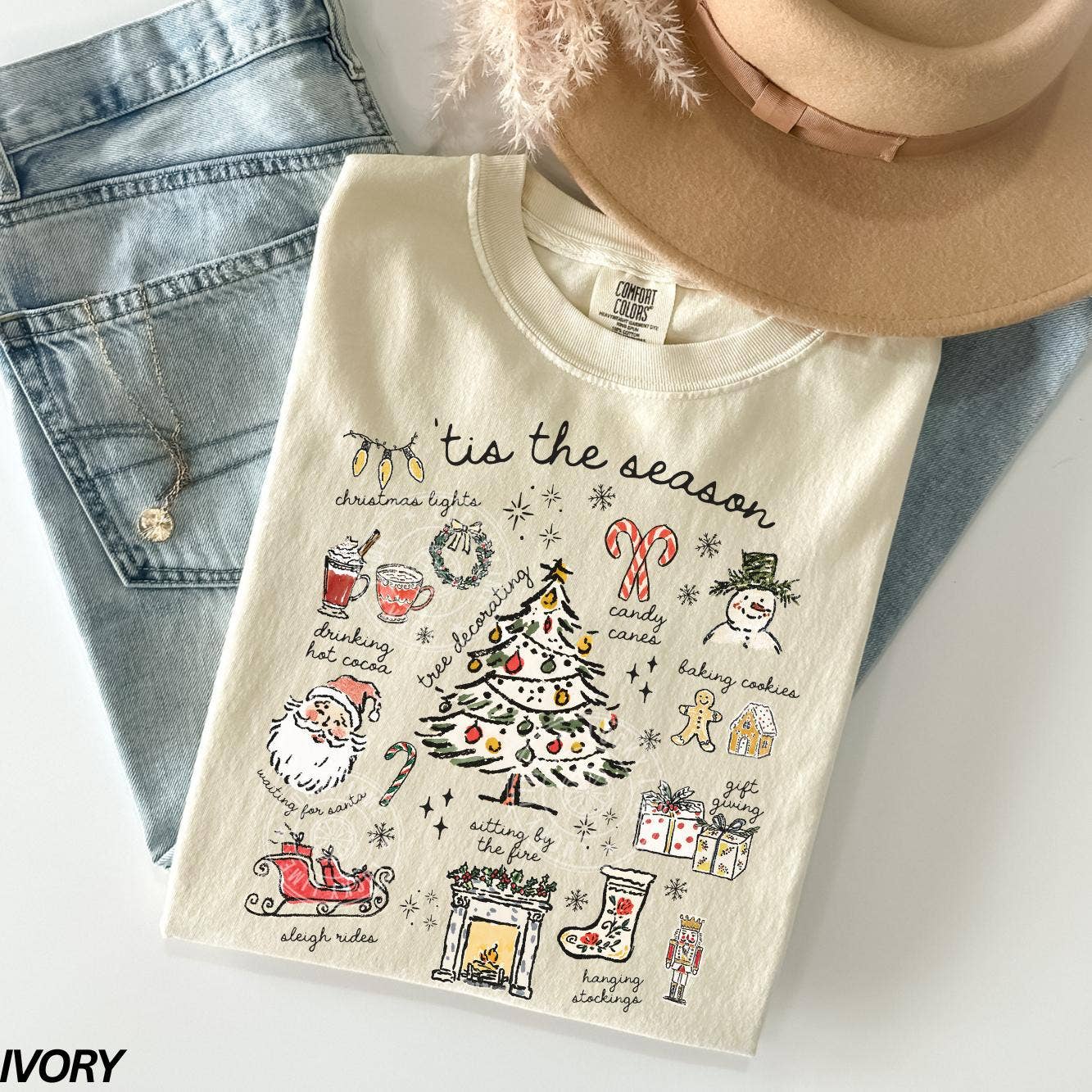 Glaime - Venta al por mayor Camiseta estampada - Mujer - Camiseta Santa con pincelada preppy de Comfort Colors, suéter de Navidad0