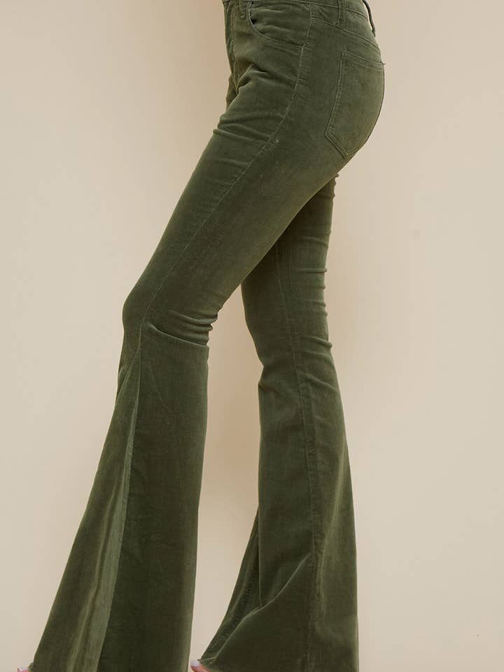 Saints & Hearts - Wholesale Pants - Women's - SIP6144A OLIVE CORDUROY FLARES WITH DISTRESSED HEM2